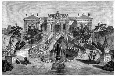 Haiyan Tang Pavilion has Western architecture in Ete Palace in Pekin (Beijing). Engraving after a drawing by Therond, in Le Tour du Monde, Nouveau journal des Voyages, edited by Edouard Charton, Paris