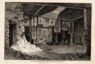 Internal view of a Tibetan temple, drawing by Therond, to illustrate the recapitulative of the geographic year 1862, by Vivien de Saint Martin. Engraving in 
