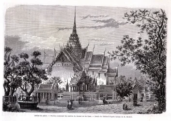 Palace garden. Pavilion containing the ashes of the last king of Siam. Drawing by Thérond from M. Mouhot