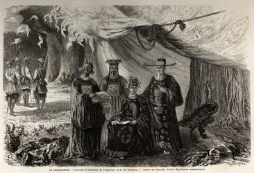 Portraits and costumes of the Emperor of Annam and his ministers. Engraving in Le tour du monde, nouveau journal des voyages, Paris
