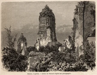 The ruins taken in the vegetation of the jungle, in Ajuthia (Thailand), illustration for Henri Mouhot