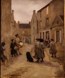 Children Playing with Hoops in a Street, Arromanches