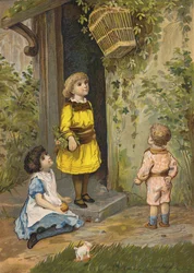 Children admiring a hanging basket