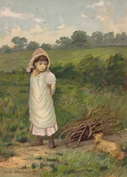 Girl collecting firewood with her pet dog