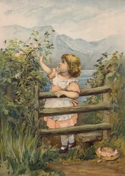 Girl Reaching Up to Pick a Flower