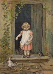 Little girl feeding the chickens from the doorstep of her home