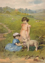 Two girls petting a lamb