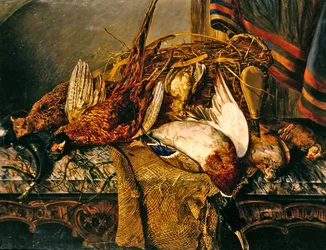 Still life with pheasants on a marble table
