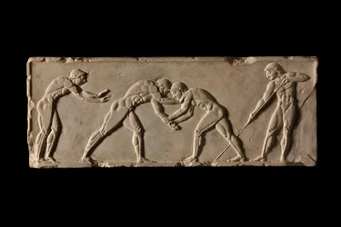 Ball-player base, front side. Part of ball-player base of Endoios. From Athens, c 510 BC