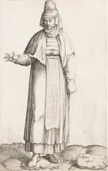 Costume Plate: Hispana Rustica with label on rock, ca. 1557-58