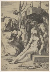 Entombment of Christ, whose chest is grasped by Joseph of Arimathea, with two kneeling figures