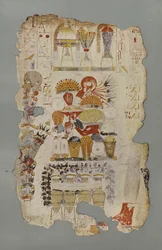 A table of funerary offerings, with fruit, flowers, sweetmeats, etc, and jars of wine standing by it