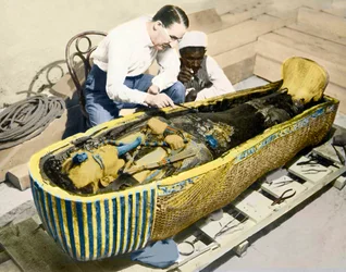 Howard Carter and an Egyptian Assistant Examining the Sarcophagus of King Tutankhamen