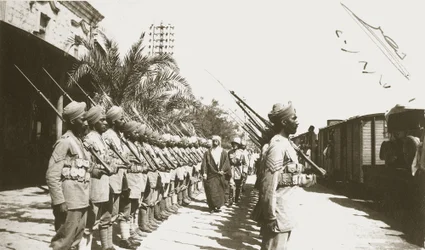 Emir Faisal at Lydda Station, Palestine, with Sir Herbert Samuel
