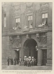 Her Majesty the Queen and the Royal Visitors watching the Departure of the Duke of York and his Bride from Buckingham Palace