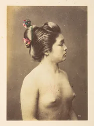 [Japanese] Girls bathing, Half-length right profile portrait of a naked young woman