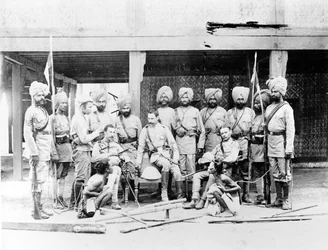 Lord Henry Rawlinson with Sikh Officers and Captured Burmese Tribesmen