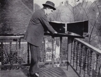 Professor A M Low, with the audiometer which he invented to photograph noise