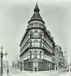 Queen Victoria Street, Mansion House Street corner of Poultry and Queen Victoria Street, London, 1880