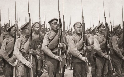 Russian Infantry on Parade and Presenting Arms During World War One, from The Illustrated War News, 1915