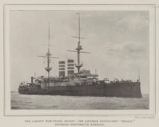 The Largest War-Vessel Afloat, the Japanese Battle-Ship Mikasa entering Portsmouth Harbour