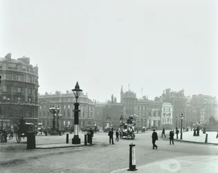 Trafalgar Square, Westminster: Trafalgar Square looking east to Charing Cross, 1896