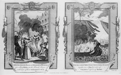 A Bookseller Burnt at Avignon in France for Selling Bibles in the French Tongue with Some of Them Tied round his Neck and Four Score Christian Ministers Burnt together in a Ship by Order of Valens