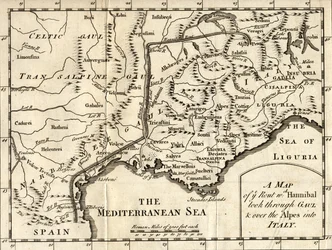 A Map of the Route Hannibal took through Gaul and over the Alps into Italy