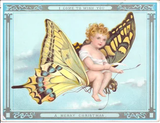 A Victorian Christmas card of a child flying on a butterfly