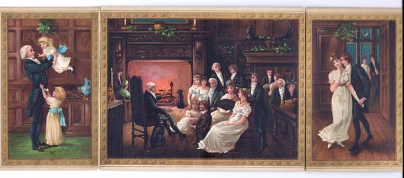 A Victorian Christmas card of a father and his children, a father telling a story to a family group and a gentleman trying to kiss a lady under the mistletoe
