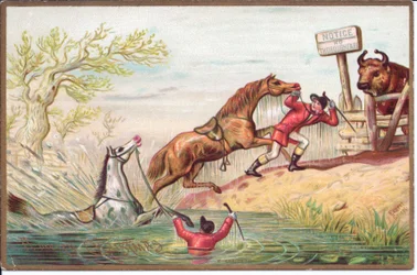Victorian Christmas Card of a Horse Thrashing in the Water While the Other is Pulled Ashore by His Rider
