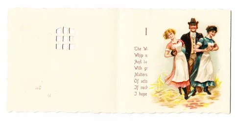 A Victorian Greeting Card of a Gentleman with Two Maids
