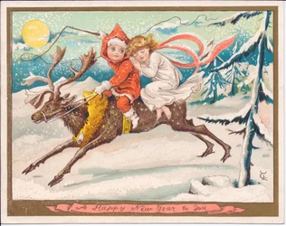 Victorian New Year Card of a Girl and Boy Fairy Astride a Reindeer on a Moonlit Snowy Night, c.1880