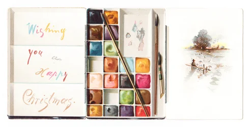 A Victorian Die Cut Christmas Card in the Shape of a Watercolour Paint Box, Circa 1880