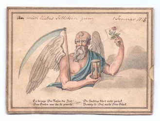 Victorian Greeting Card of the Grim Reaper with a Scythe and Hourglass Holding a Rose