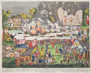 A View of the Naumachy, Fireworks and Fair in Hyde Park in Honour of Peace, published by G. Thompson, 1814