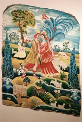 A chair back or panel for a screen, depicting a couple in love