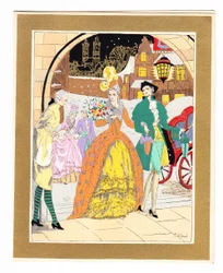 A hand-coloured French Pochoir Christmas Card depicting a footman greeting a pair of visitors in Regency dress, circa 1920