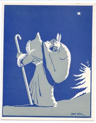 French Pochoir Christmas Card of Father Christmas in Silhouette, Walking with a Stick, c.1920