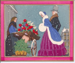 French Pochoir Christmas Card of Victorian Flower Seller