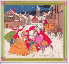 French Pochoir Christmas Card of Victorian Travellers in Winter Attire Greeting Each Other