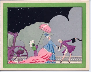 A Hand-Coloured French Pochoir Christmas Card of a Courtier Bowing to a Grand Lady Attended by Her Black Servant Holding an Umbrella for Protecting Her from the Snow, circa 1920