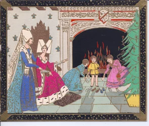 A Hand-Coloured French Pochoir Christmas Card of Medieval Ladies Wearing Butterfly Hats and Children in Front of a Large Fireplace Warming Their Shoes