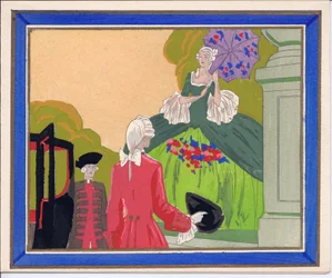 French Pochoir Greeting Card of a Bewigged Man and Footman Waiting for a Grand Lady, c.1920