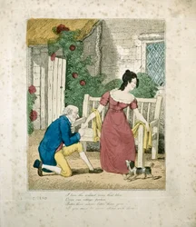 A hand coloured lithographed scene of a man proposing, c.1800