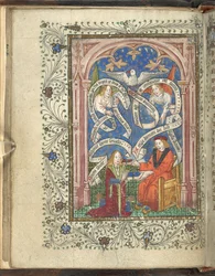 A kneeling pupil, perhaps representing the author, Norton, receiving a book from his master, with angels, written scrolls and a dove above. Ordinal of Alchemy. Thomas Norton 4th quarter of the 15th century