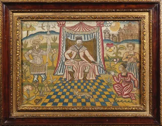 A Needlework Picture Depicting King Ahasuerus Seated Beneath a Canopy, Holding Out His Sceptre to Esther