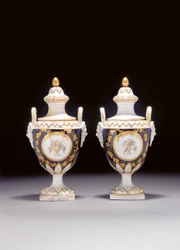 A Pair of Chelsea-Derby Two-Handled Urn-Shaped Vases and Two Covers