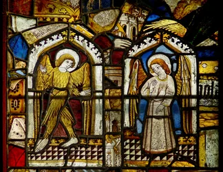 A panel in the east window depicting angels, one feathered