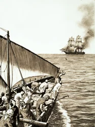 A steamship on the horizon, an Arab dhow in the foreground